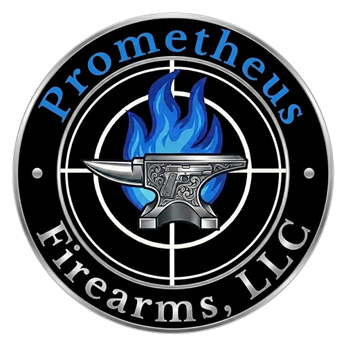 Prometheus Firemarms Logo target with flame anvil and name in center